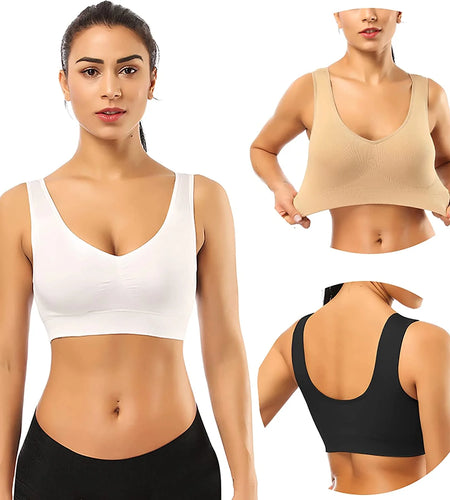 3 Pack Sports Bras for Women,Seamless Comfortable Bras Set with Removable Pads for Sleep,Pull on Closure plus Size,Black+White+Nude,Xxl