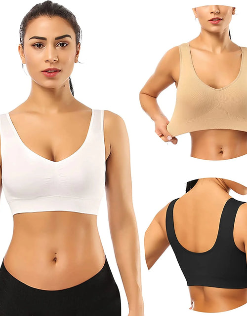 Load image into Gallery viewer, 3 Pack Sports Bras for Women,Seamless Comfortable Bras Set with Removable Pads for Sleep,Pull on Closure plus Size,Black+White+Nude,Xxl
