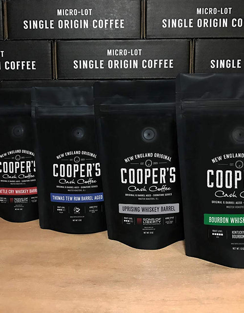 Load image into Gallery viewer, Rye Whiskey Barrel Aged Coffee, Single Origin Ethiopian Coffee Raw Beans Aged in Rye Whiskey Casks, Freshly Roasted 12 Oz Bags, Ground
