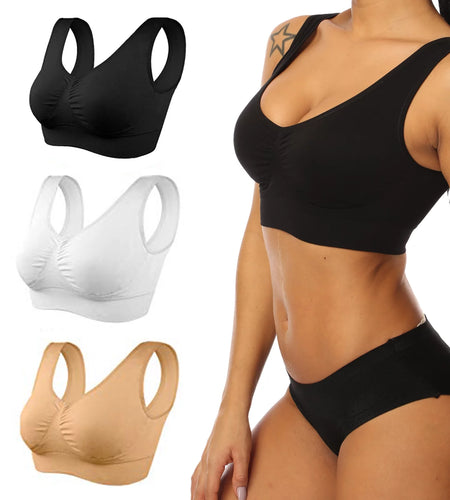 3 Pack Sports Bras for Women,Seamless Comfortable Bras Set with Removable Pads for Sleep,Pull on Closure plus Size,Black+White+Nude,Xxl