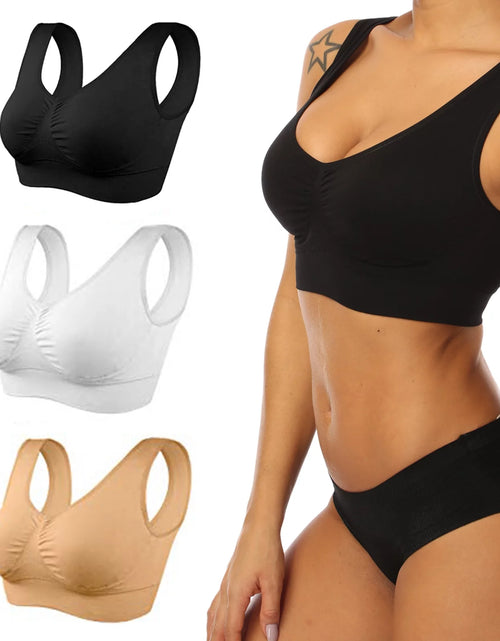 Load image into Gallery viewer, 3 Pack Sports Bras for Women,Seamless Comfortable Bras Set with Removable Pads for Sleep,Pull on Closure plus Size,Black+White+Nude,Xxl
