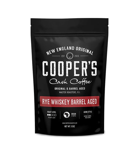 Rye Whiskey Barrel Aged Coffee, Single Origin Ethiopian Coffee Raw Beans Aged in Rye Whiskey Casks, Freshly Roasted 12 Oz Bags, Ground