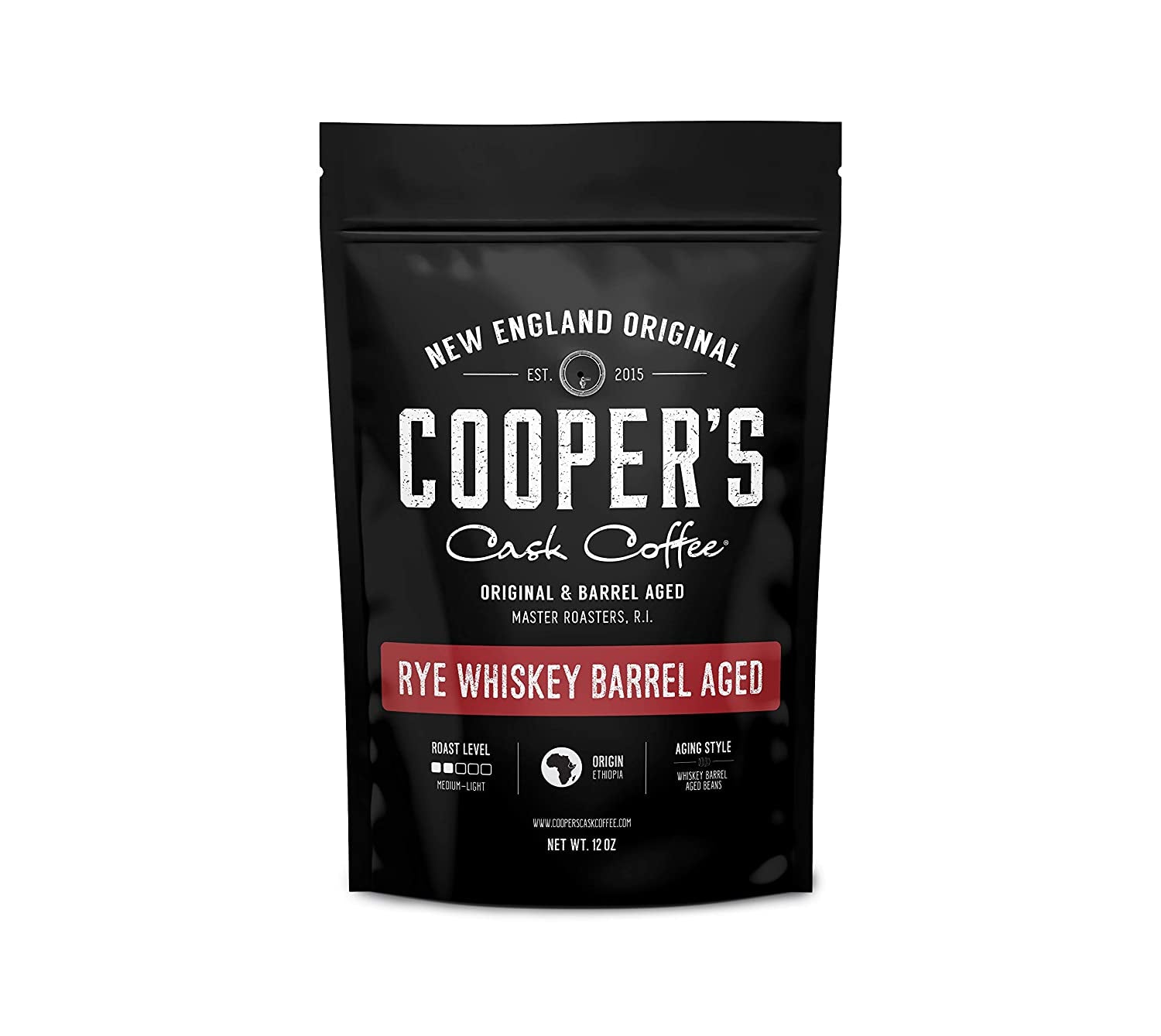 Rye Whiskey Barrel Aged Coffee, Single Origin Ethiopian Coffee Raw Beans Aged in Rye Whiskey Casks, Freshly Roasted 12 Oz Bags, Ground