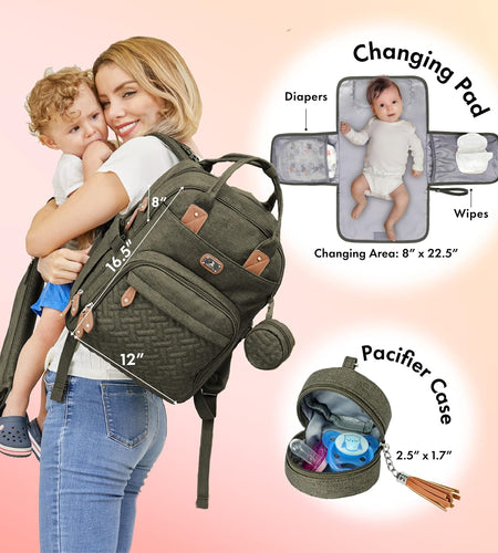 Diaper Bag Backpack with Portable Changing Pad, Pacifier Case and Stroller Straps, Large Unisex Baby Bags for Boys Girls, Multipurpose Travel Back Pack for Moms Dads, Army Green